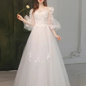 Illusion Princess 3/4 ärmar Vit Tyll Högtidsklänning Maxi balklänning