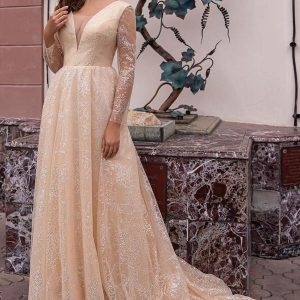 Sparkling A-Line V-Neck Wedding Dress with Elegant Long Sleeves and Glitter Accents