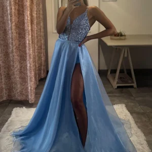 Lace-Up V-Neck Spaghetti Strap Long Prom Dress with Thigh Slit