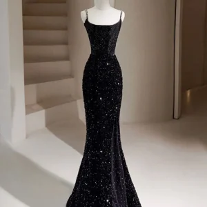 Mermaid Velvet Sequin Black Long Prom Dress