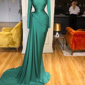 Elegant High-Neck Mermaid Prom Gown with Long Sleeves and Ruffle Detail