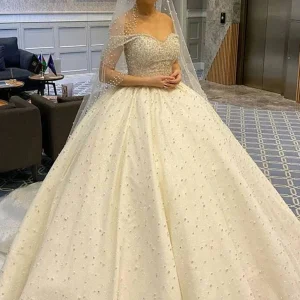 Sweetheart Off-the-Shoulder Backless Ball Gown Wedding Dress with Pearl Details