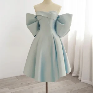 Strapless Light Blue Satin A-line Homecoming Dress with Bow