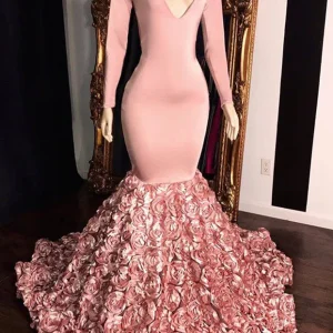 Elegant V-Neck Long Sleeve Mermaid Prom Dress with Floral Bottom