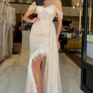 Charming Champagne Sequined Off-Shoulder Prom Dress with Feather Accents Evening Gown