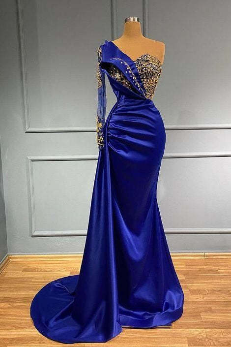 Dark Blue One-Shoulder Long-Sleeve Mermaid Prom Gown with Beads - Bild 3