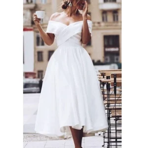 50-talsstil Off The Shoulder Tea Längd Full kjol Rockabilly Bröllopsklänning