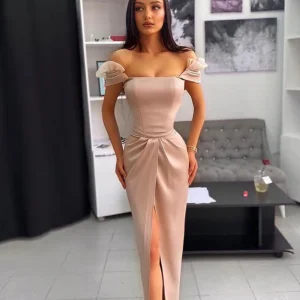 Charming Lotus Root Pink Strapless Mermaid Prom Dress with Pleated Ruffles