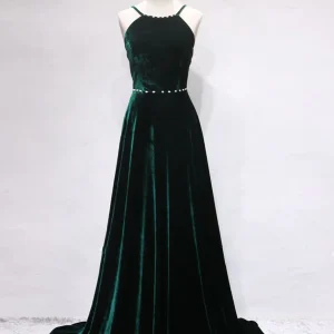 A-Line Backless Green Velvet Long Balklänningar | Gröna formella aftonklänningar