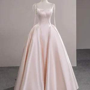 Elegant A-Line Satin Pink Champagne Long Prom Dress