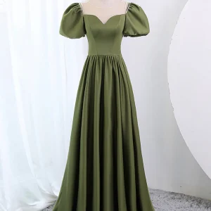 Sage Green Satin A-line Long Prom Dress with Bubble Short Sleeves