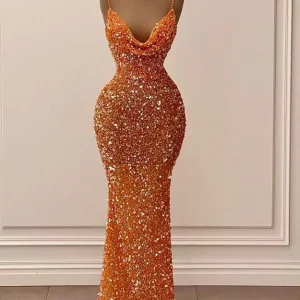 Sparkling Orange Sequin Mermaid Prom Dress: Elegant V-Neck, Spaghetti Straps, Tailored Fit