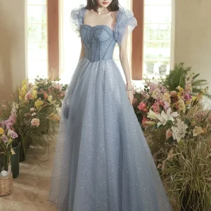 Glitter Cap Sleeve Princess A-line Grey Formal Dress Prom Dress