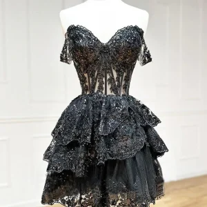 See Through Black Lace Tiered Homecoming Dress