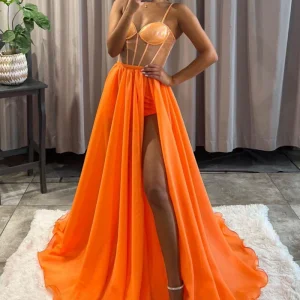 Elegant Orange A-Line Spaghetti Strap Prom Dress with Thigh High Slit