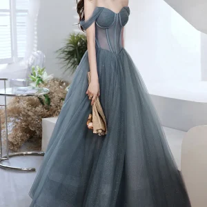 Gray Blue Tulle Long Prom Dress Sweetheart Neck Evening Gown