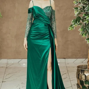 Emerald Green Sequin Spaghetti Strap Off Shoulder Pleated Slit Long Prom Dress