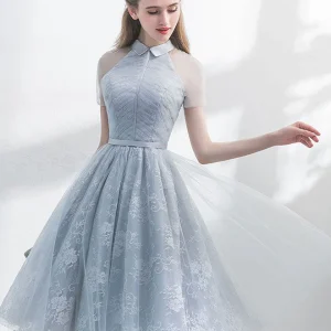Unique Gray Tulle Lace Short Prom Dress Homecoming Dress