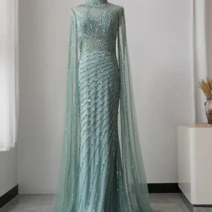 Green Luxury Long Sleeve Sequin Beaded Mermaid Prom Dress Evening Gown