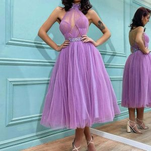 Elegant Lavender High Neck Short Tulle Prom Dress with Beaded Bodice