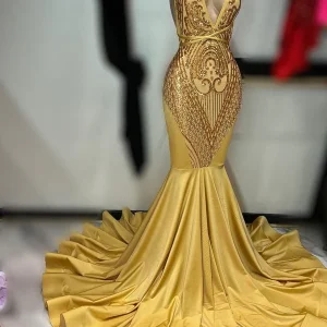 Dark Gold Sleeveless Appliqué Mermaid Prom Dress Elegant Evening Gown