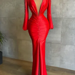 Elegant Deep V-Neck Red Mermaid Prom Dress with Long Sleeves