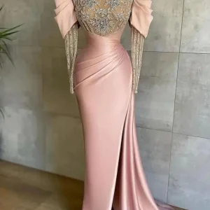 Elegant Pink Off-Shoulder Mermaid Prom Dress with Beaded Appliques & Front Slit