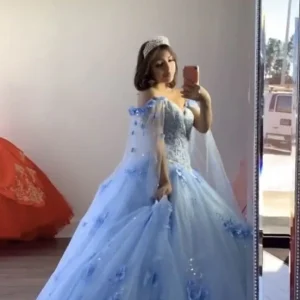 Blue Tulle A-Line Princess Ball Gown Prom Dress Lace-Up