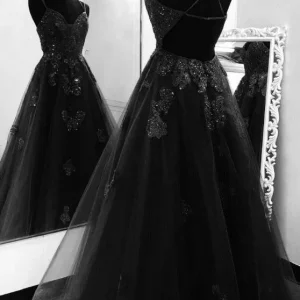 Elegant Black Tulle Lace Prom Dress for Women Formal Evening Gowns