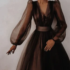 Simple Prom Dress Fashion Evening Dress with Bubble Sleeves