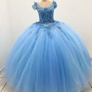 Blue Tulle Ball Gown Prom Dress Long Evening Lace-Up Corset