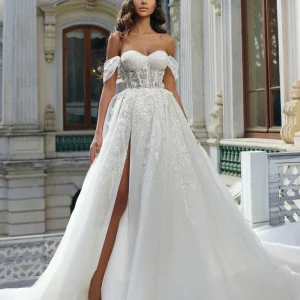 Elegant Long A-Line V-Neck Wedding Dress with Open Back and Tulle