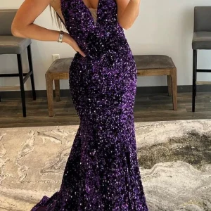 Elegant Purple Sequin Mermaid Prom Dress V-Neck Evening Gown
