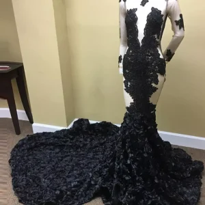 Elegant Black Satin Mermaid Evening Gown with Long Sleeves and Shiny Crystals