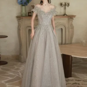 Sparkly Silver Grå A-linje Maxi Off The Shoulder Balklänning