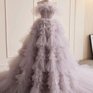 Dammig lila axelbandslös Puffy Tiered högtidlig klänning Balklänning