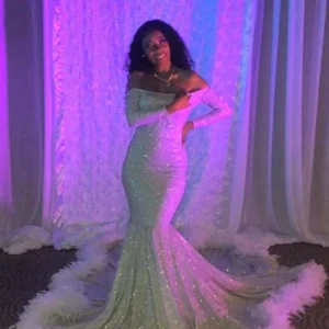 Off-the-Shoulder Sequin Mermaid Prom Dress with Feathery Long Sleeves