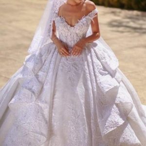 Off the Shoulder Ball Gown Wedding Dress with Pleated Tulle Ruffles