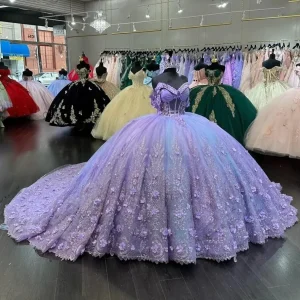 Lila Hjärtformad Quinceanera Balklänning Pärlspetsad Applikation Korsett 3D Blommor