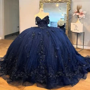 Marinblå Quinceanera balklänning med blomapplikationer pärlkorsett med kristaller