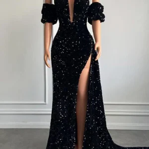 Elegant Strapless Mermaid Prom Dress with Bubble Sleeves and High Split Design