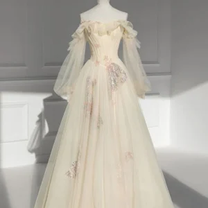 Long Satin Off-the-Shoulder Puffy Sleeves Prom Evening Gown Dress