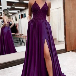 Elegant Long A Line Satin V Neck Prom Dresses With Lace
