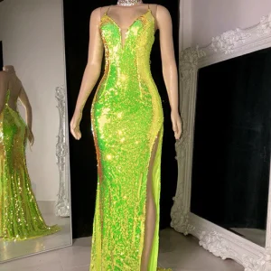 Light Green Sequin Halter Prom Dress with V-Neck and Thigh Slit