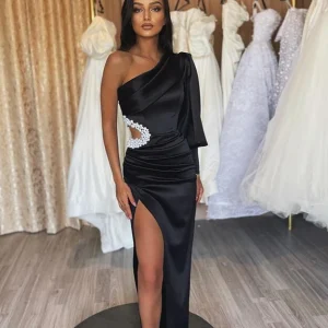 Charming Black Evening Dress with Long Sleeves, Hollowing Out, and Pleated Slit