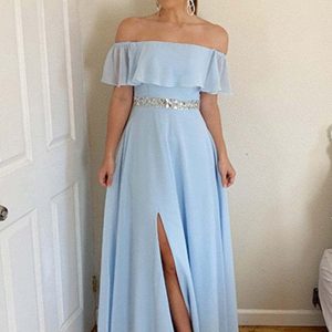 Elegant Off-the-Shoulder Sky Blue Prom Dress with Thigh High Split