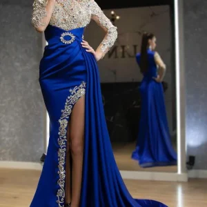 Elegant Royal Blue Long Sleeves Beaded Mermaid Prom Dress with Slit and Ruffles