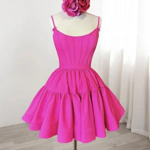 Hot Pink Boat Neck Spaghetti Strap Short Homecoming Dress