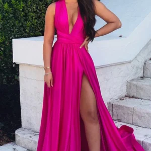 Fuchsia Sleeveless V-Neck A-Line Prom Dress with Split, Elegant Long Formal Gown