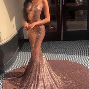Shimmering Rose Gold Sequin Mermaid Prom Dress Spaghetti Straps Elegant Gown
